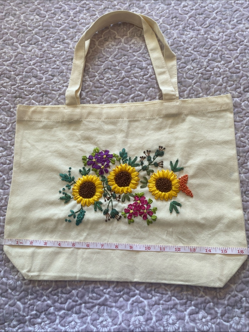 Embroidered Sunflower Canvas Tote Bag - Cream